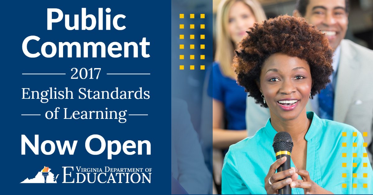 Parents, K-12 educators, higher ed faculty, employers, military, professional groups and the public all invited to participate in review of the 2017 English Standards of Learning. 
Share your thoughts here: ow.ly/u9sA50NceET