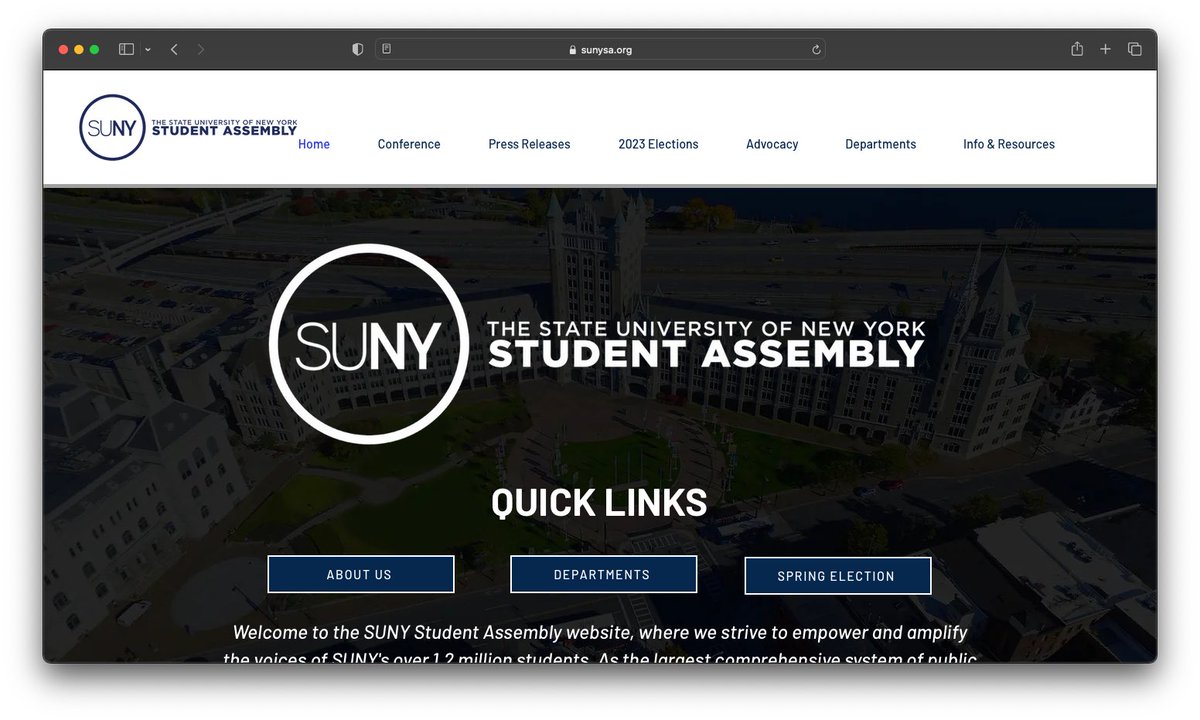 Drumroll please 🥁🎉 We're excited to announce the relaunch of the SUNY Student Assembly website! 💻🚀 Stay up to date with our latest programs, events, and initiatives with our new and improved website. 

Check it out now and let us know what you think! #WebsiteRelaunch