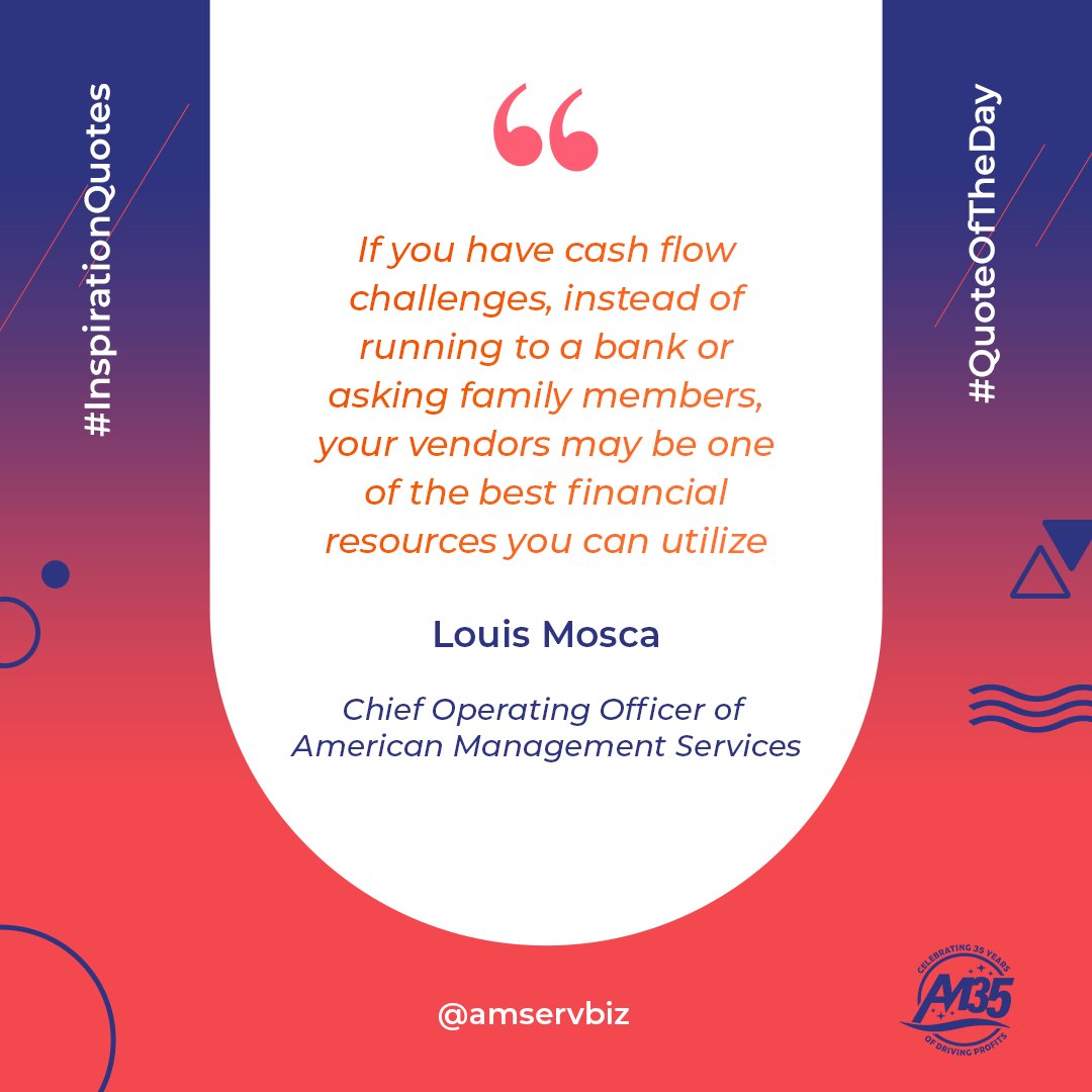 AmServBiz's tweet photo. How can you boost liquidity without banks or investors?

Your vendors!

They want to see you succeed. If you're getting 30-day terms, push them for 45.

This will secure cash flow for you — interest-free. 

Working with vendors will transform the health of your cash flow. https://t.co/G6leBQcnTq