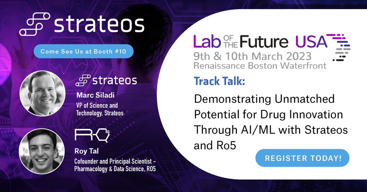 Be sure to attend The Digital Lab Track on March 10th at 13:40 EST - Demonstrating Unmatched Potential for Drug Innovation Through AI/ML with Strateos and Ro5!

#LOTF #labofthefuture #lifesciences #innovation #biopharma #research #AI #machinelearning