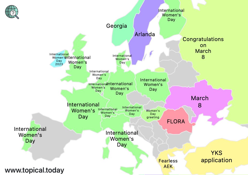 TopicalMaps's tweet image. Top Google Trends in Europe by country today. 

#InternationalWomensDay #EuropaLeague #Georgia #WomensDay 

More info at topical.today/regions/europe