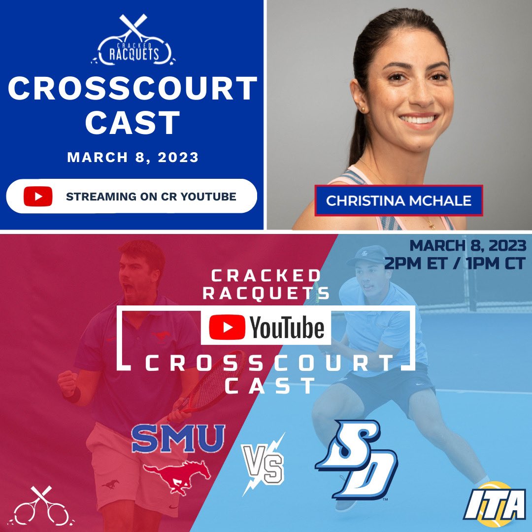 LIVE NOW - 

Join us for an afternoon <a href="/CrossCourt_Cast/">CrossCourt Cast</a> featuring <a href="/AlGruskin/">Alex Gruskin</a>, <a href="/ChristinaMcHale/">Christina McHale</a> and <a href="/CR_Producer/">Daniel Westhoff</a> on the 1s and 2s!

<a href="/SMUMTennis/">SMU Men's Tennis</a> vs. <a href="/USDmtennis/">San Diego Men's Tennis</a> 

📺: bit.ly/3Zv2toE | <a href="/ITA_Tennis/">ITA</a>