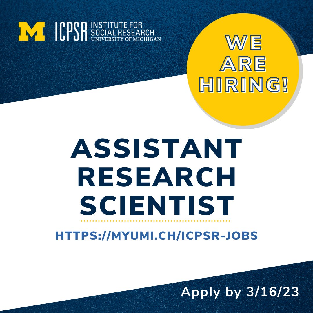 ICPSR is hiring two Assistant Research Scientists. Do you know someone interested in substance use or criminal justice research? Learn more and apply by March 16 at myumi.ch/ICPSR-jobs.

#Hiring #ResearchScientist #WorkWithUs #HigherEdJobs