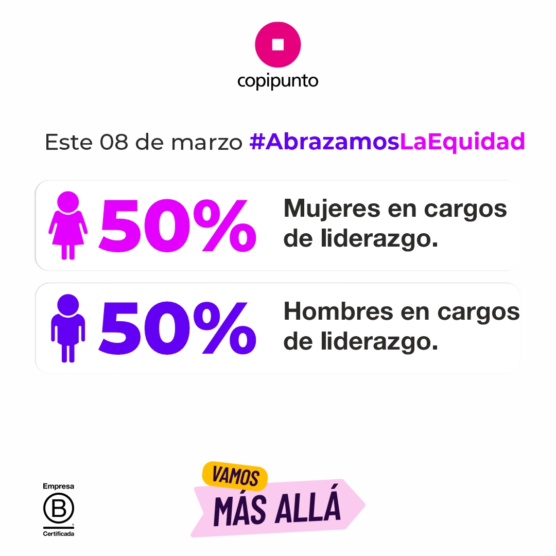 Hoy #AbrazamosLaEquidad y celebramos este 08 de marzo "Día Internacional de La Mujer" compartiendo unos datos muy importantes.

En Copipunto contamos con igual cantidad de mujeres y hombres en cargos de liderazgo, tanto en directorio como en gerencia y jefatura ☺️😉💪👏👏👏