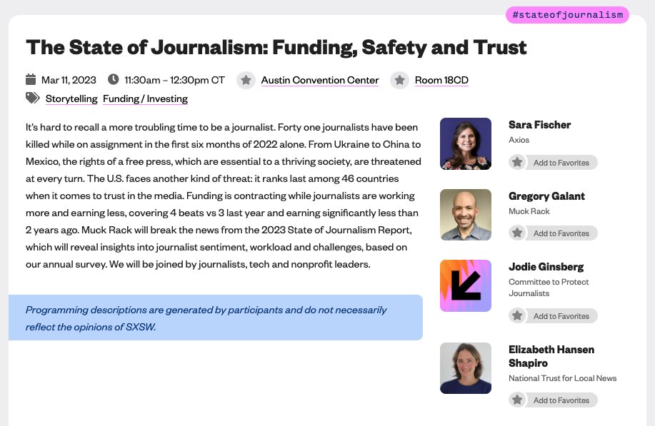 pressfreedom's tweet photo. CPJ's @jodieginsberg will be speaking in @muckrack's #SXSW panel, The #StateOfJournalism: Funding, Safety &amp; Trust.

March 11 at 12:30pm EST/11:30am CT
Austin Convention Center, Austin, Texas

Event information: https://t.co/jl9QBfm99F

@sxsw registration: https://t.co/gAvl3nwezl https://t.co/Lwy1rR1Tsu