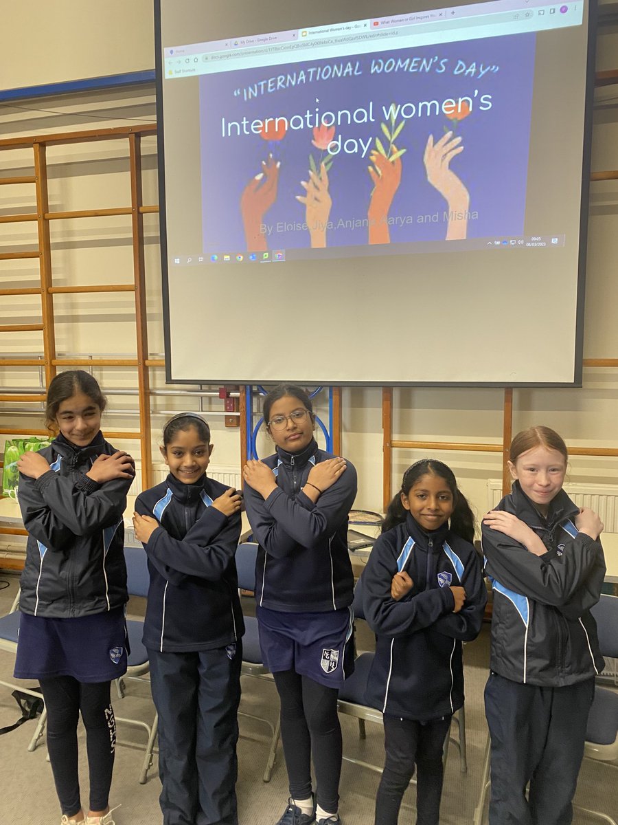 Our incredible assembly team ⁦@NGHSJuniors⁩ ⁦@GDST⁩ strike the #embraceequity pose after delivering a thought provoking message this morning about which women inspire us 🙇‍♀️Great to include ⁦@BBCiPlayer⁩ ⁦@malorytowerstv⁩ #IWD2023 video also #GirlsFutures