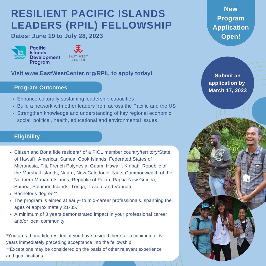 PIDP_EWC's tweet photo. REMINDER: Apply for our #RPIL Fellowship program! Individuals from a #PICL member country/territory/State of Hawaii will have the opportunity to enhance their leadership capacities and build a network with other leaders across the Pacific and the US. 
https://t.co/PfRtQqNXFw https://t.co/0Fy4qiTOvm
