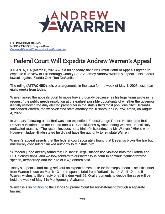 Andrew Warren on X: "Federal appellate court ruled to expedite our case  where the trial court found DeSantis violated both the FL &amp; US  Constitutions by suspending me for political reasons. We