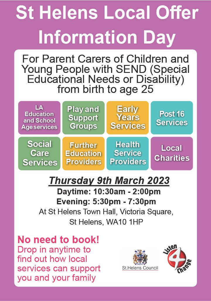 A reminder to parents and carers of children and young people with SEND that this event is tomorrow! Please retweet. Thank you! 😊@sthelenscouncil @StHelensCares @whatsonsthelens @StHelensHour @STHLibraries @VictoriaIsherw4