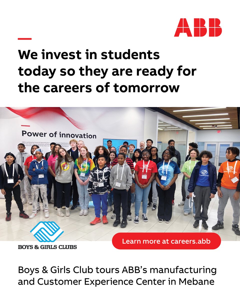 #ABB in Mebane welcomed 32 students from the Boys &amp; Girls Clubs of Wake County – Raleigh, Wake Forest and Zebulon, for a hands-on visit to ABB’s Mebane Manufacturing Plant and Customer Experience Center. 

Make a career at ABB part of your story: bit.ly/3J4ikn0