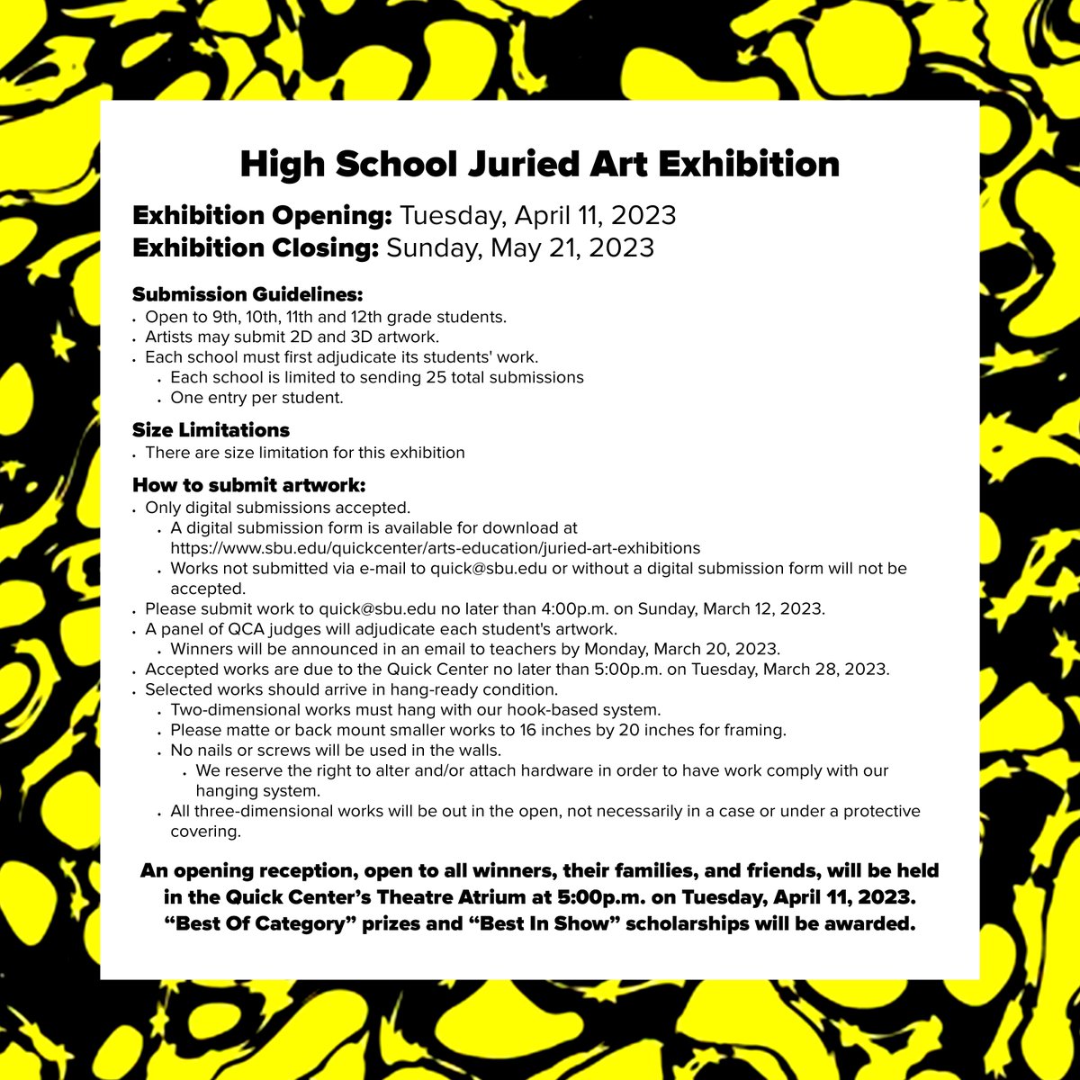 QuickArtsCenter's tweet image. We are now accepting submissions for our High School Juried Art Exhibition open to 9th, 10th, 11th, &amp;amp; 12th grade students in our surrounding communities! Digital submissions are due by 4:00pm on Sunday, March 12th! Visit our website for complete details: bit.ly/3GCUUoY