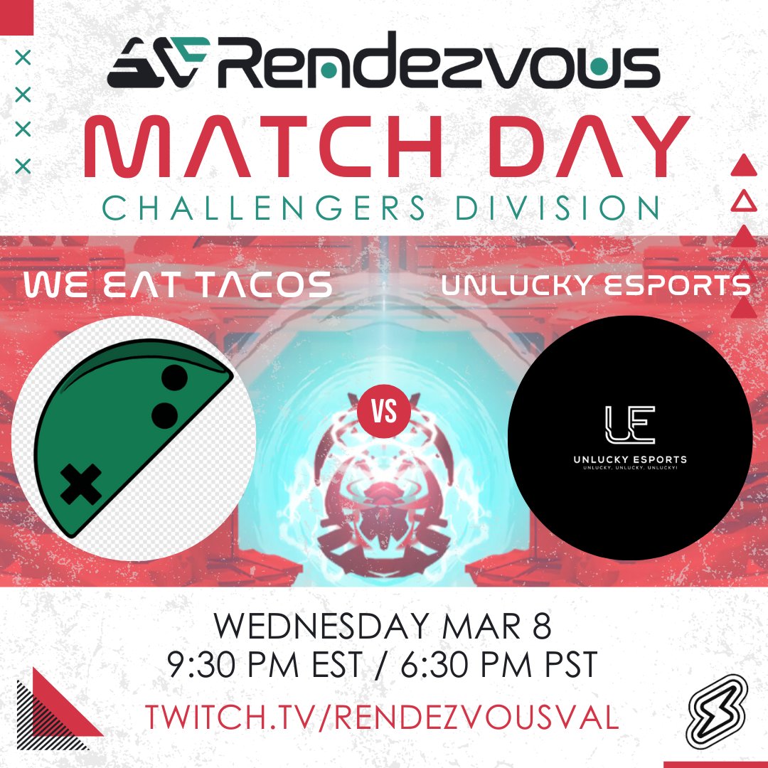 RendezvousVal's tweet photo. Stream alert! 
RDV Challenger Division Swiss Week 5!

We Eat Tacos vs. Unlucky Esports

Tune in on https://t.co/pS8lHn7vig
Map 1 starts @ 6:30PM PT / 9:30 ET

Producer: 
@BrendanOoi1907

Observer: 
@aerokoon 

Casters: 
@FPS_Naru &amp; @Luigi_Sly 

Powered by 
@superbeingsLAB https://t.co/amz4Eejalg