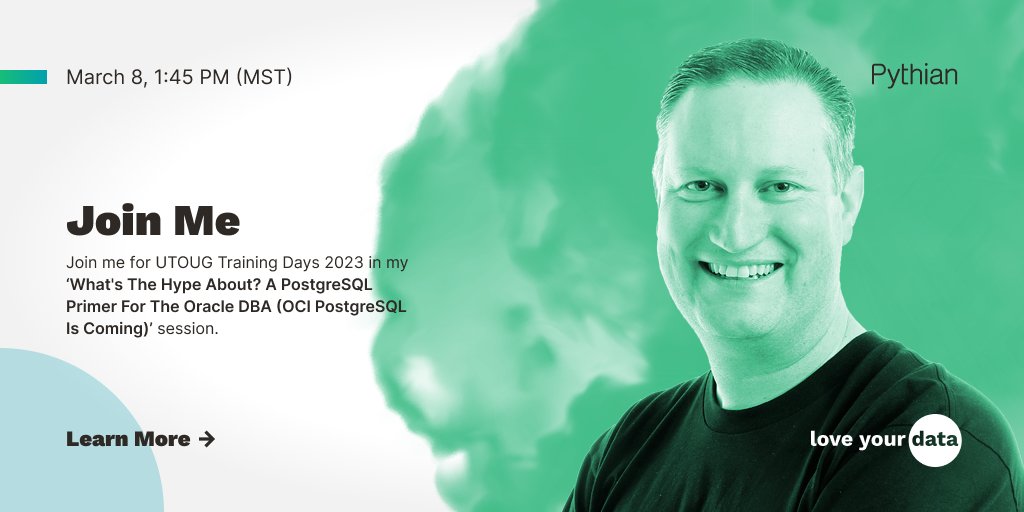 Pythian (@pythian) on Twitter photo #OracleDBA's: asked about re-platforming #Oracle databases into #PostgreSQL? Not sure where to start? Join <a href="/simonpane/">Simon Pane</a>'s @UTOUG session today at 1:45 MST on PostgreSQL architecture, deployments, usage, & more: trainingdays.utoug.org/agenda/session… #LoveYourData #UTOUG #UtahOracleUsersGroup #OracleDBA's: asked about re-platforming #Oracle databases into #PostgreSQL? Not sure where to start? Join <a href="/simonpane/">Simon Pane</a>'s @UTOUG session today at 1:45 MST on PostgreSQL architecture, deployments, usage, & more: trainingdays.utoug.org/agenda/session… #LoveYourData #UTOUG #UtahOracleUsersGroup