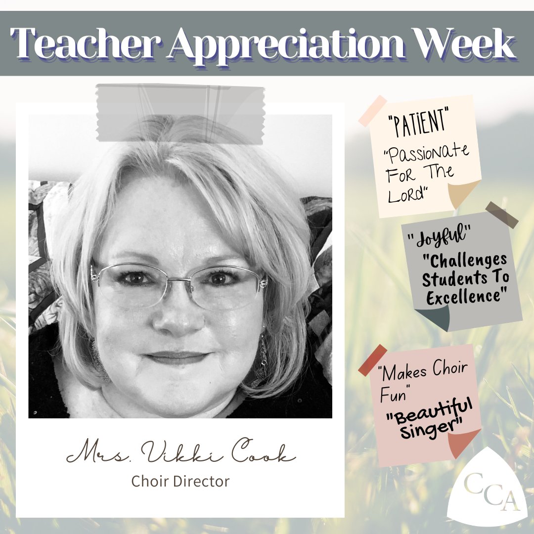 Say hello to our choir director, Mrs. Vikki Cook! We are grateful for the talent &amp; influence she brings to our students. Here are some ways students describe her.
“Patient”
“Passionate For The Lord”
“Joyful”
“Makes Choir Fun”
“Challenges Students To Excellence”
“Beautiful Singer”