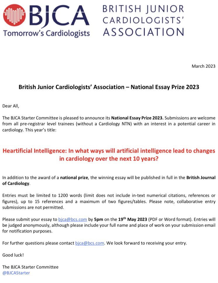 🚨🫀Competition time!🫀🚨

We are excited to launch this year’s essay prize competition.

“Heartificial Intelligence: in what ways will artificial intelligence lead to changes in cardiology over the next 10 years?”

Winner gets a national prize and full publication in <a href="/BrJCardiol/">The British Journal of Cardiology</a>