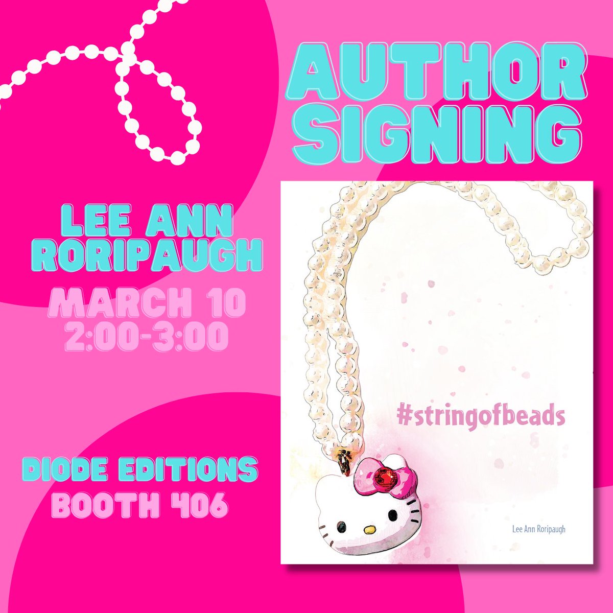 USDEnglish's tweet photo. Friday, March 10 from 2:00pm to 3:00pm Professor Lee Ann Roripaugh
@artichokeheart will be signing copies of #stringofbeads (2023) at Diode #AWP23 booth 406!
#booksigning #chapbook #poetry #Poetin. https://t.co/vaaJav3DCE