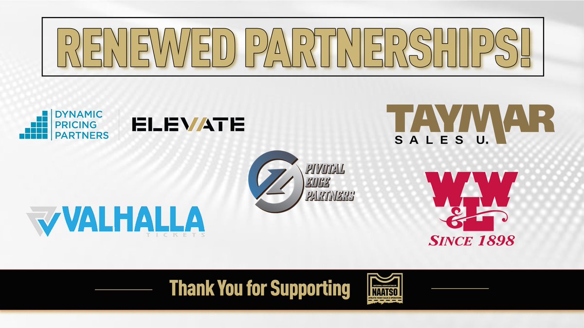 NAATSONews's tweet photo. Renewed Partnerships announcement📢@dynamicpricing1, @Taymarsalesu, @ValhallaTickets, Pivotal Edge Partners and @WWLInc have continued their partnership with NAATSO! 

We value your partnership and thank you for your continued support. https://t.co/a3J9Eo7DrL