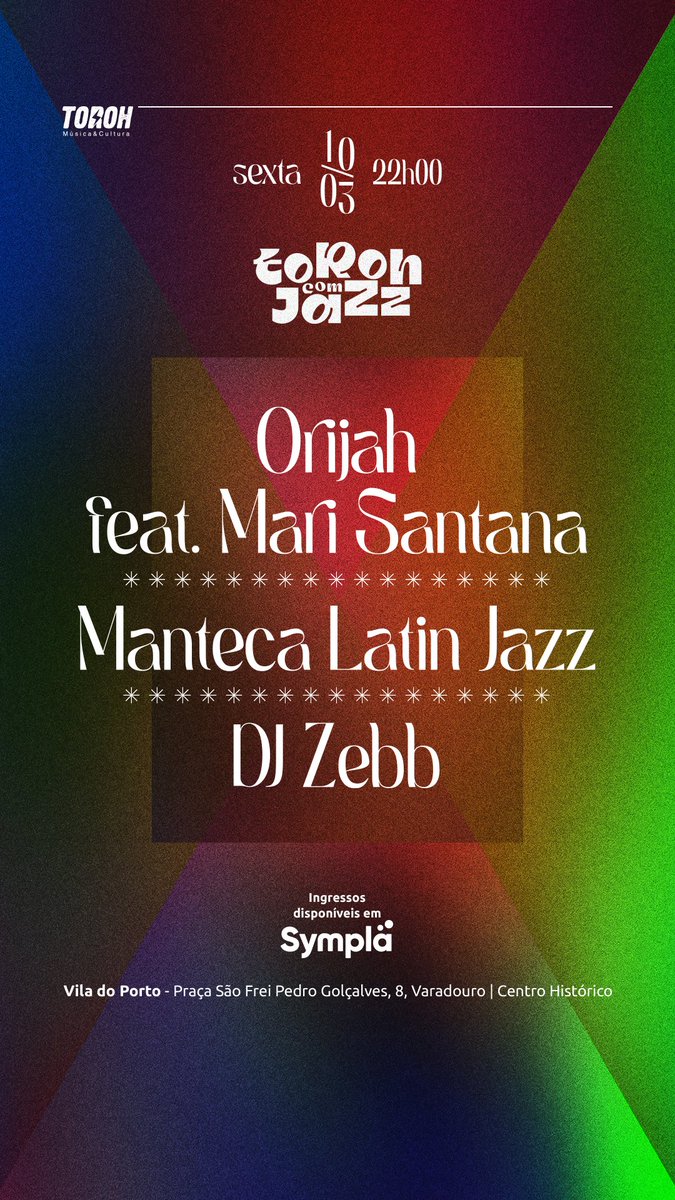 torohmusic's tweet photo. Toroh com Jazz

DJ Zebb
Orijah Feat. Mari Santana
Manteca Latin Jazz

10/03 (sexta), 22h
Ingressos em https://t.co/1vUrf23cSX

Vila do Porto - Praça São Frei Pedro Golçalves, 8, Varadouro (Centro Histórico) https://t.co/NOBHqKfPPd