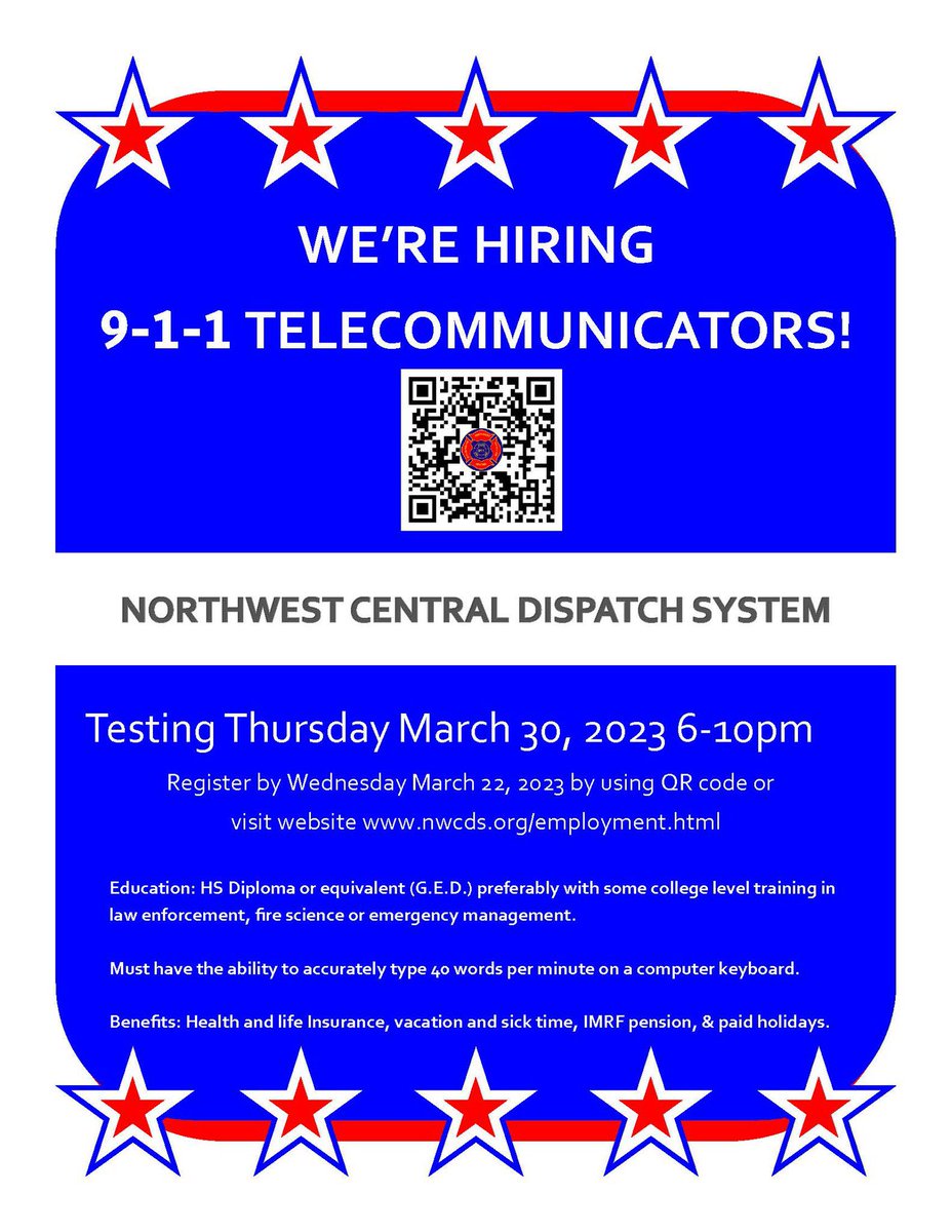 NWCDS's tweet image. NWCDS will be testing for the position of 9-1-1 Telecommunicator on Thurs, March 30, 2023. Registration closes on March 22, 2023 at 1500 hrs. or after the first 220 registrants have signed up, whichever happens first. nwcds.org/employment.html
#jobopportunity #jobs #911 #hiring