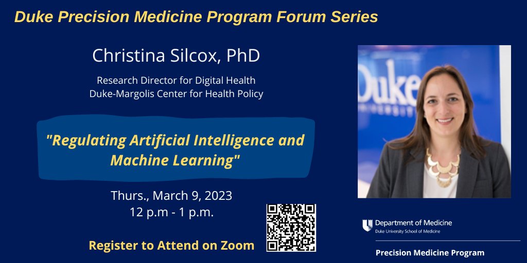 Hear from Christina Silcox, PhD, from <a href="/DukeMargolis/">Duke-Margolis</a> TOMORROW at our Precision Medicine Program Forum Series🧬

🗓️Thurs., March 9
⌚️12 p.m. - 1 p.m. EST
📍Zoom 

Haven't registered yet? Do so now! tinyurl.com/48wpp3nt
