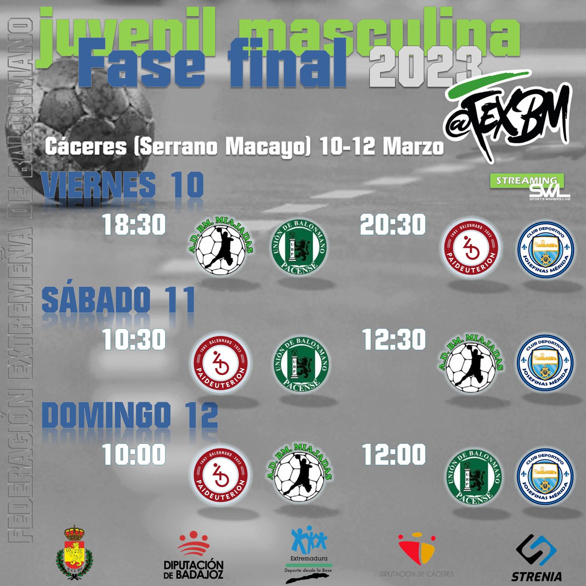 🏆🤾‍♂️Fase Final Juvenil Masculina 2023 #BalonmanoExtremeño 🟢⚪️⚫️ 
🗓️ Fin de semana del 10 al 12 de marzo
 🏟️ Cáceres (Pabellón Serrano Macayo)
⚔️ <a href="/ADBMMiajadas/">ADBM MIAJADAS</a> 
⚔️<a href="/BMPaideu/">Bm Paideuterion Cc</a> 
⚔️<a href="/LA_UBP/">Unión Bm. Pacense</a> 
⚔️<a href="/CDJosefinas/">🛡️ CD Josefinas Mérida 🤾‍♂️</a> 

@DXTextremadura
<a href="/FJyD/">Fundación Jóvenes y Deporte 🅵🅹🆈🅳 💚🤍🖤</a>
📺 @SportWinnerLive directo