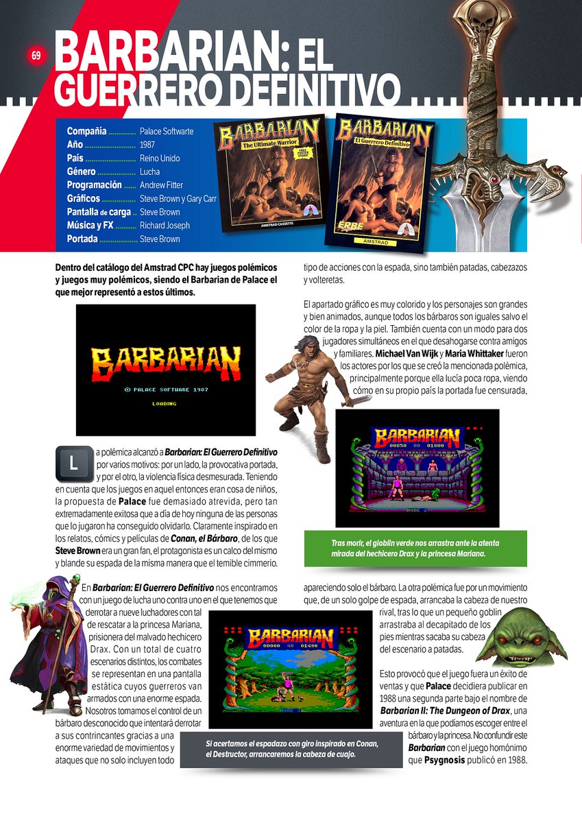 blackmores_'s tweet photo. Nueva página del libro #AmstradCPCForever que este año verá la luz tras su exitoso crowdfunding en @verkami. En esta ocasión, os dejamos con la review del polémico #Barbarian de #PalaceSoftware excelentemente ilustrada por @ngeluisanchez. Reservas en unpasadomejor@hotmail.com https://t.co/zacTqkJOqD