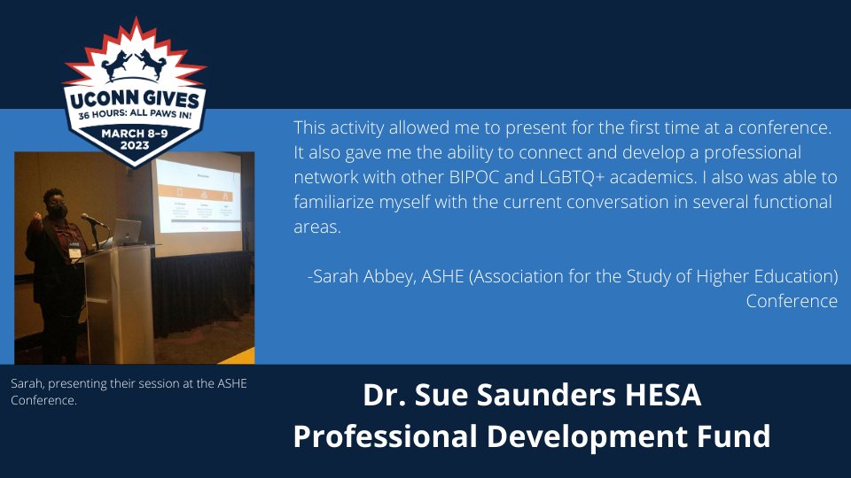 UConnHESA's tweet image. givingday.uconn.edu/o/university-o… With support from the Saunders Fund, Sarah presented on research at the Association for the Study of Higher Education (ASHE) conference this year. Make a donation at this link to help make scholarly activities like this more accessible for HESA students!