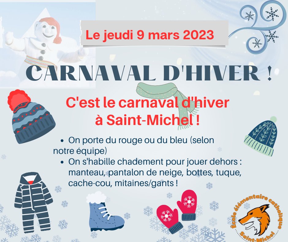 Demain, c'est le carnaval d'hiver ! Habillez-vous en bleu ou en rouge... avec tous les vêtements d'hiver pour pouvoir bien participer ! #carnaval #carnavaldhiver #jeux #activites #activitspeciale #rougeetbleu #couleur #vetementsdhiver #espritdecole #renardsdesaintmichel #smt