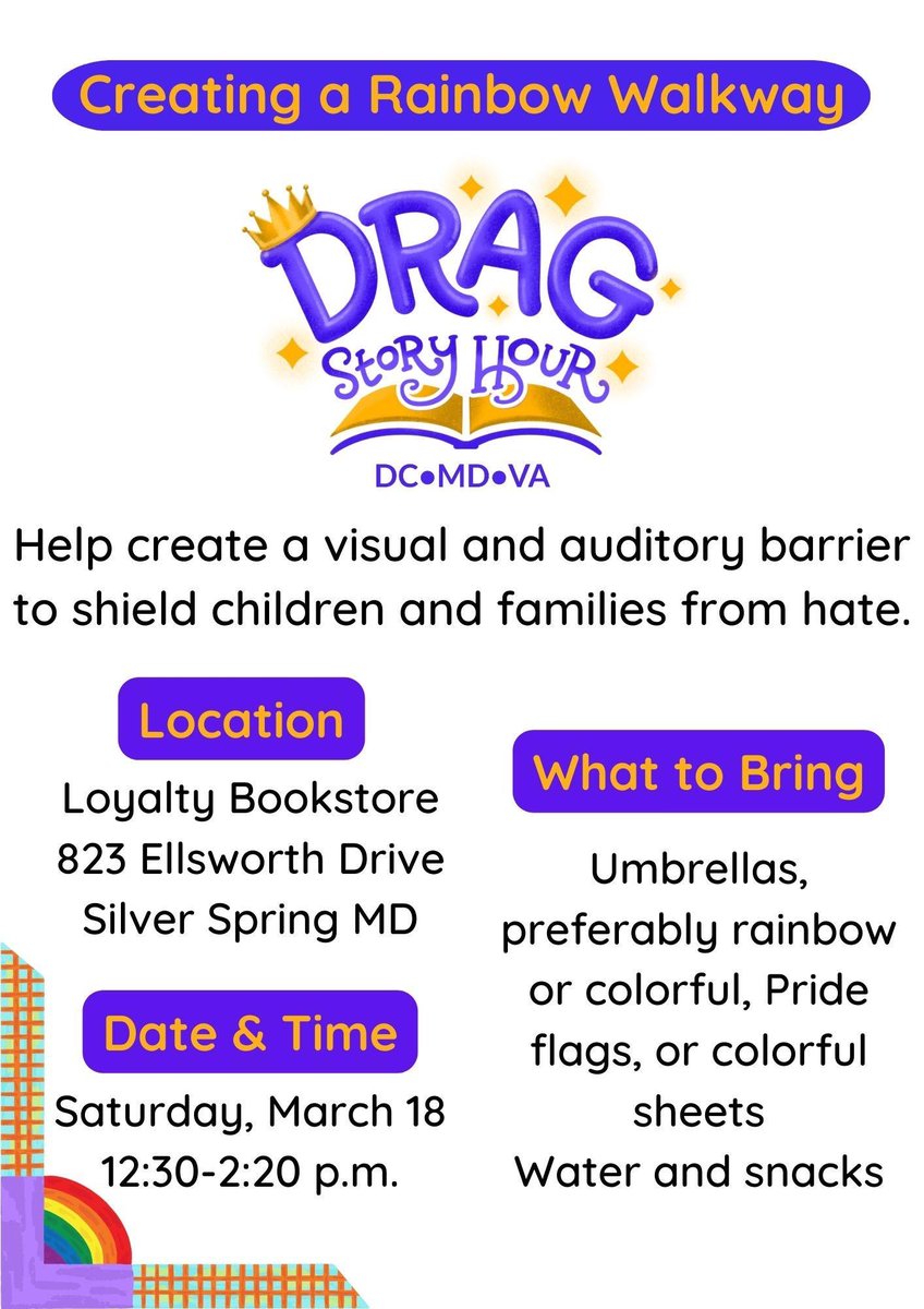 This Saturday!  Morning in DC, afternoon in Silver Spring.  Please come out and make sure that smiles, the right to openly be whomever you are or enjoy people being whomever they are, and (biodegradable) glitter win. <a href="/DragStoryHour/">Drag Story Hour</a> <a href="/CrazyAuntHelens/">Crazy Aunt Helen’s</a> @Loyaltybooks