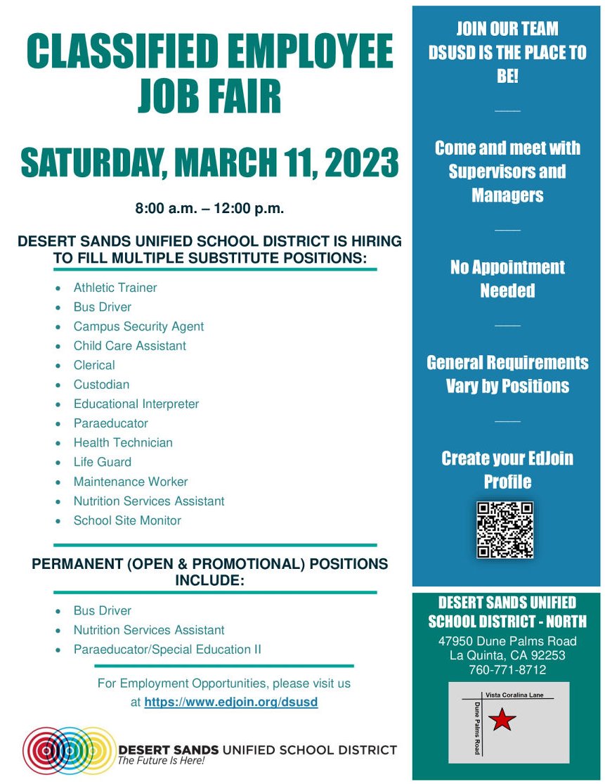 Our recruitment efforts continue... Apply at edjoin.org/DSUSD and join our team!!