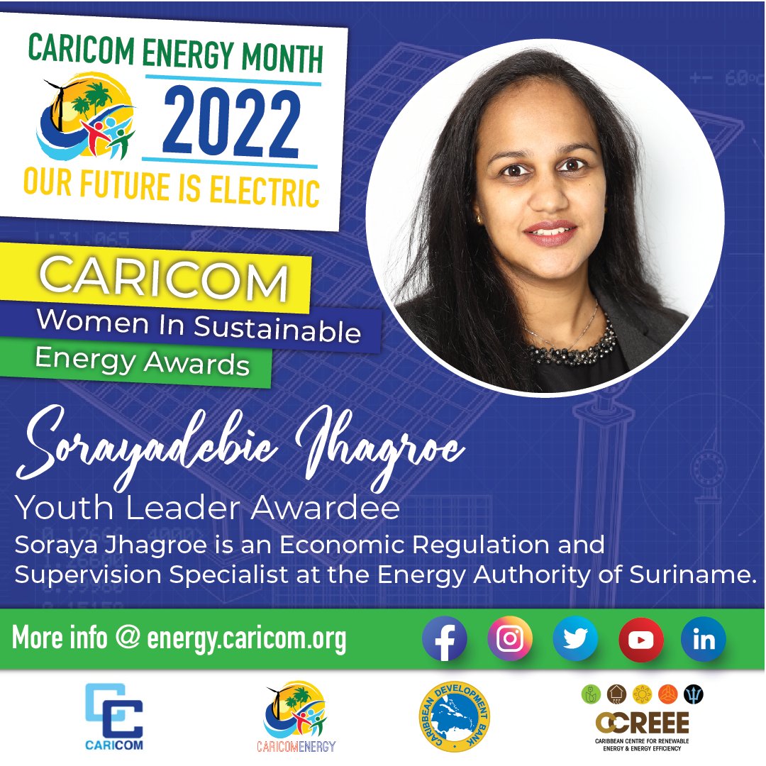 Happy #IWD2023!
<a href="/CARICOMorg/">CARICOM: Caribbean Community</a>  &amp; <a href="/Caribank/">CDB</a>  are delighted to announce the recipients of the CARICOM Women in Sustainable Energy (W.I.S.E) award.

Congratulations to Ms Sorayadebie Jhagroe, CARICOM W.I.S.E Awardee in the category of #Youth Leader

#EmbraceEquity
