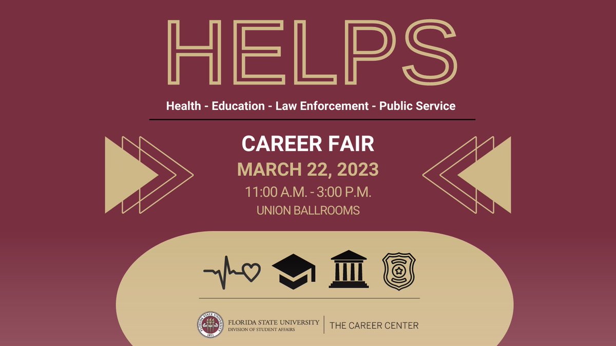 💥Pop out to the HELPS Career Fair!

💼Employers from an array of helping industries: healthcare, government, education, law enforcement, public service, and non-profits, will be on campus seeking to hire FSU students for their full-time and internship roles.