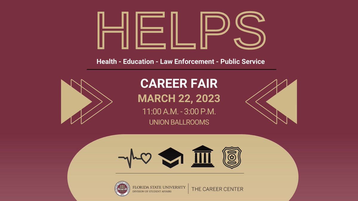 FSUCareerCenter's tweet photo. 💥Pop out to the HELPS Career Fair!

💼Employers from an array of helping industries: healthcare, government, education, law enforcement, public service, and non-profits, will be on campus seeking to hire FSU students for their full-time and internship roles. https://t.co/Hwh8TjVWmA