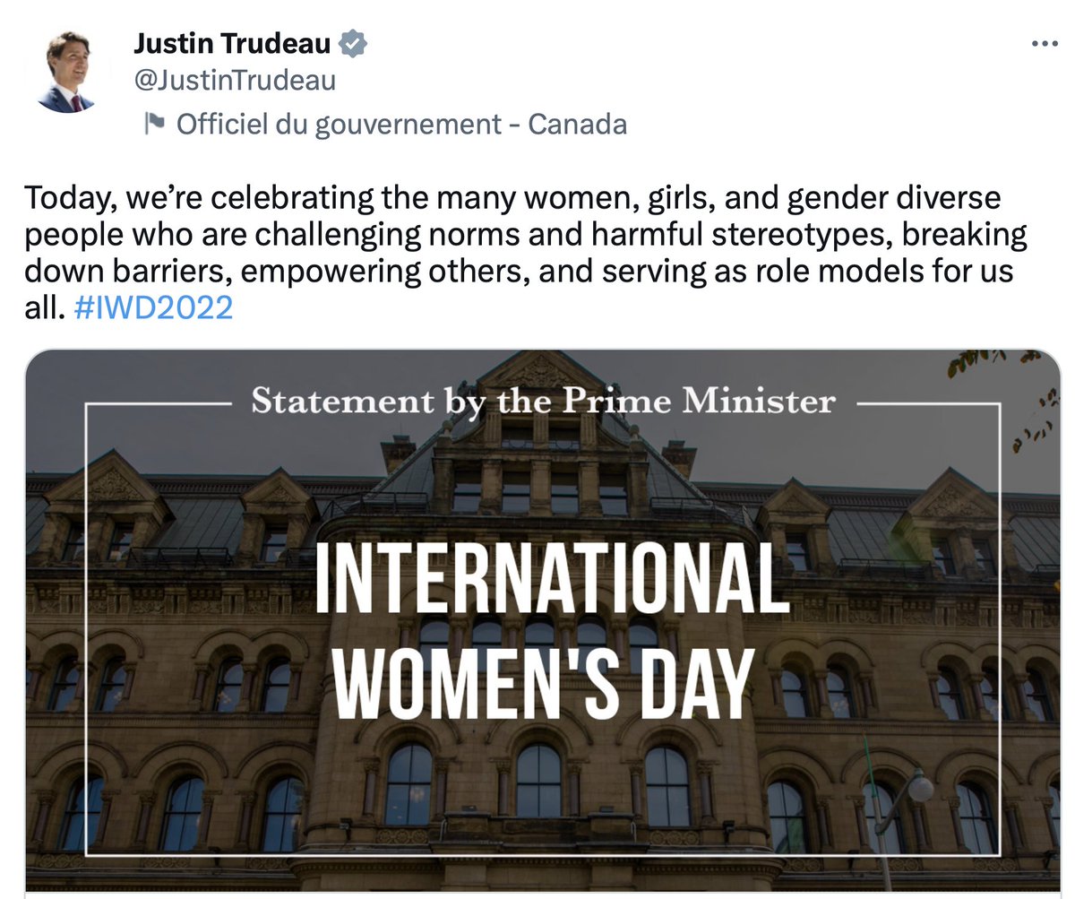 Last year he was celebrating 'gender diverse people' as part of #IWD. This year 'Transwomen are women'.

What can we expect in 2024?  #IDW2023
twitter.com/JustinTrudeau/…