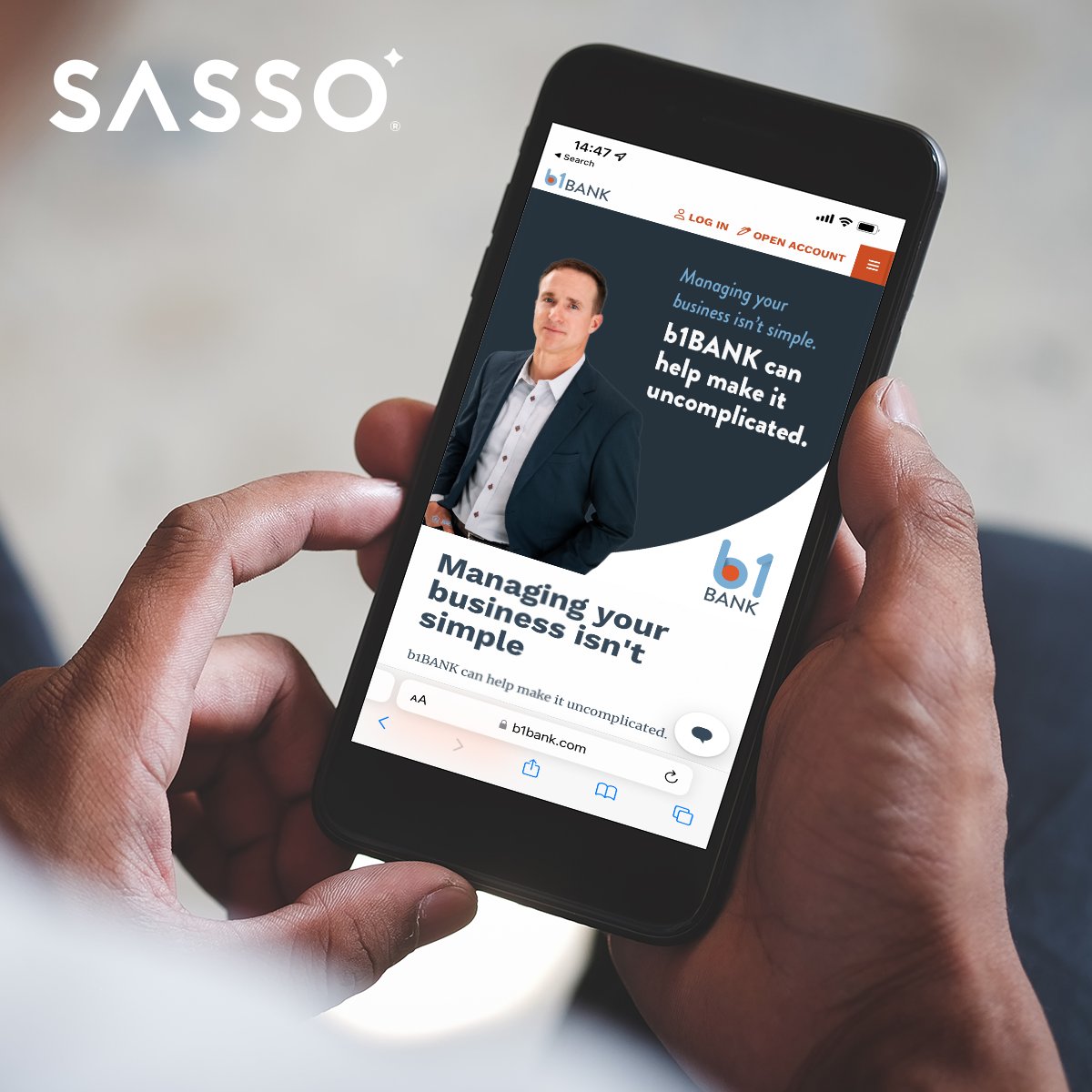 sassoagency's tweet photo. Have you wondered what Drew Brees is up to? Check him out on the homepage of b1BANK’s website! SASSO is proud to partner with b1BANK as their Agency of Record. https://t.co/NBcxJY6V69