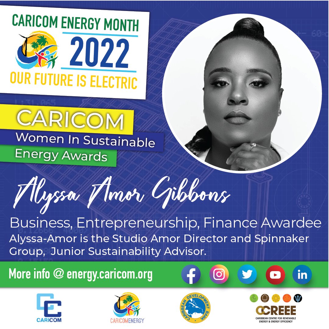 Congratulations to Ms Alyssa-Amor Gibbons, CARICOM W.I.S.E Awardee in the category of Business, Entrepreneurship, and Finance. 

As we #EmbraceEquity we celebrate the dynamic women advancing the Sustainable Energy Transition in the Caribbean. 

#IWD2023