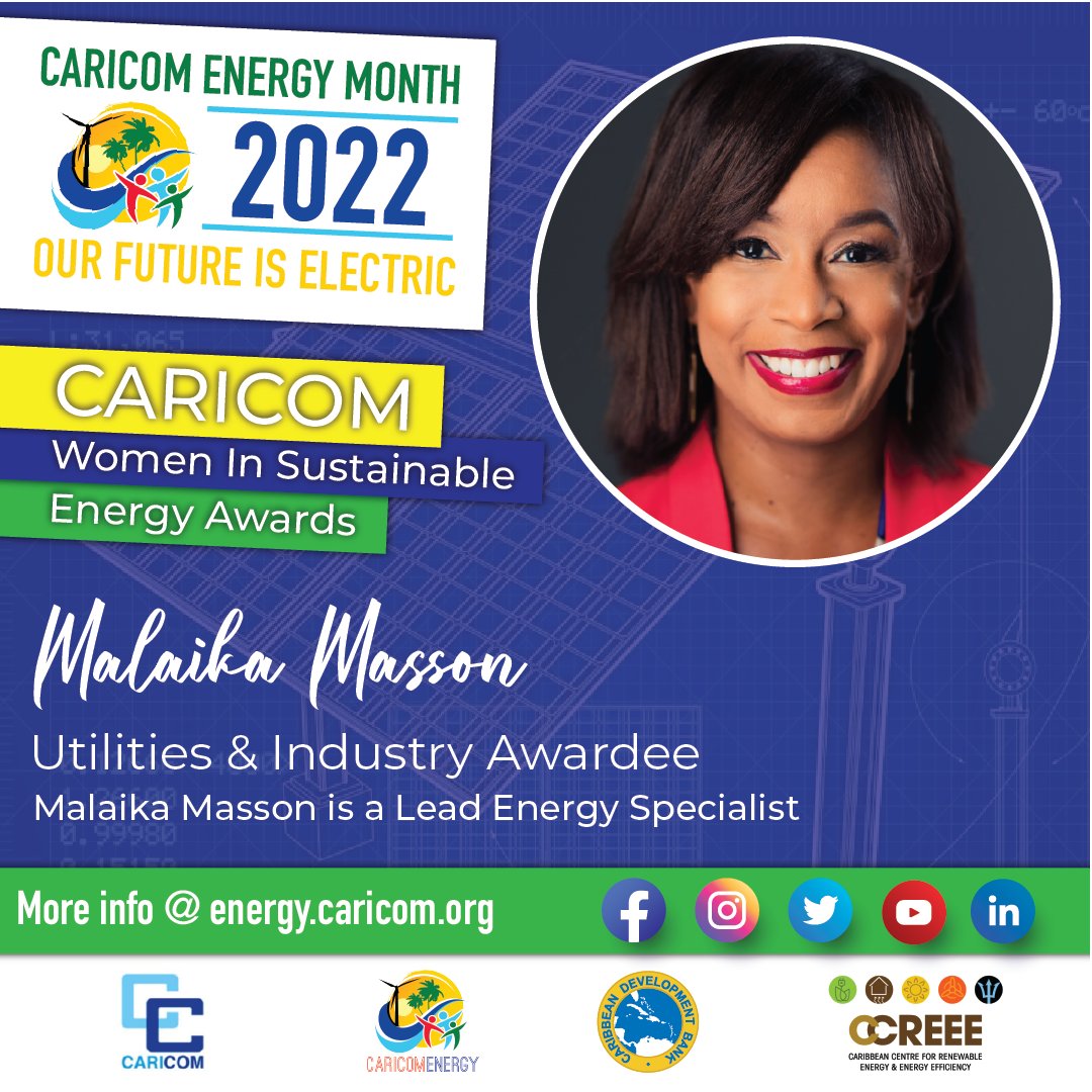 Happy International Women’s Day! 

Congratulations to Ms. Malaika Masson, CARICOM W.I.S.E Awardee in the category of Utilities &amp; Industry. 

#IWD2023 #Genderequity #EnergyTransition