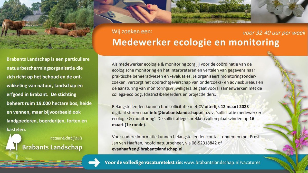 Bij @Brab_Landschap zoeken we een deskundige en enthousiaste ecoloog voor oa coordinatie van de monitoring en beheer-evaluaties! Reageren kan t/m 12 maart! #vacature #natuurbeheer