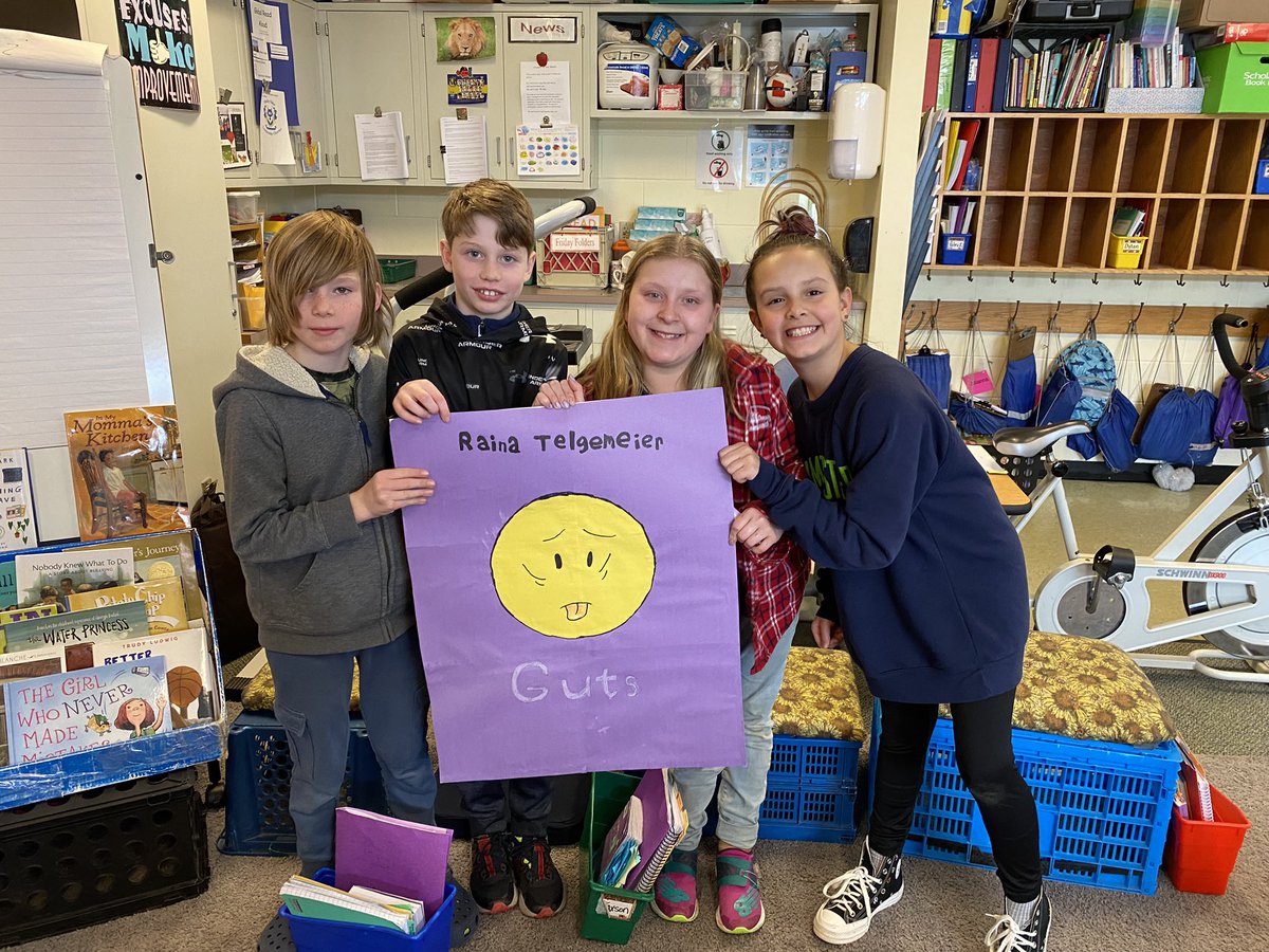teachvt's tweet photo. Today’s book club book talk! One of these talented kids made the book cover! We recommend Guts by Raina Telgemeier! #socialissuesbookclubs #jesvt #mmuusdvt #books #readingcommunity https://t.co/xGQNlUZKUz
