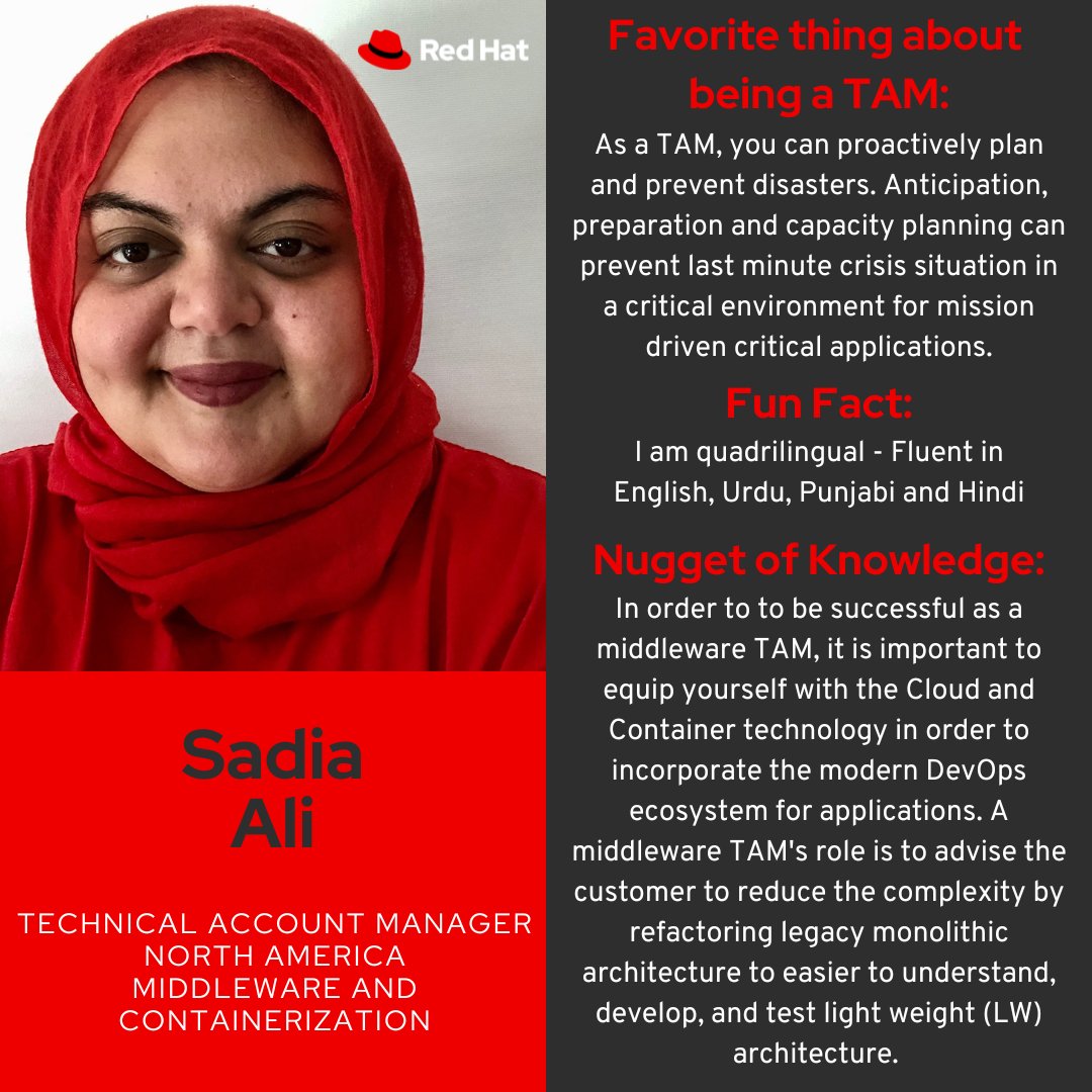 redhatservices's tweet photo. This #InternationalWomensDay, we're spotlighting Sadia and celebrating her accomplishments as a Sr. Technical Account Manager! #WomenInTech https://t.co/ViNWymS7ma https://t.co/X4WVCqrKIU