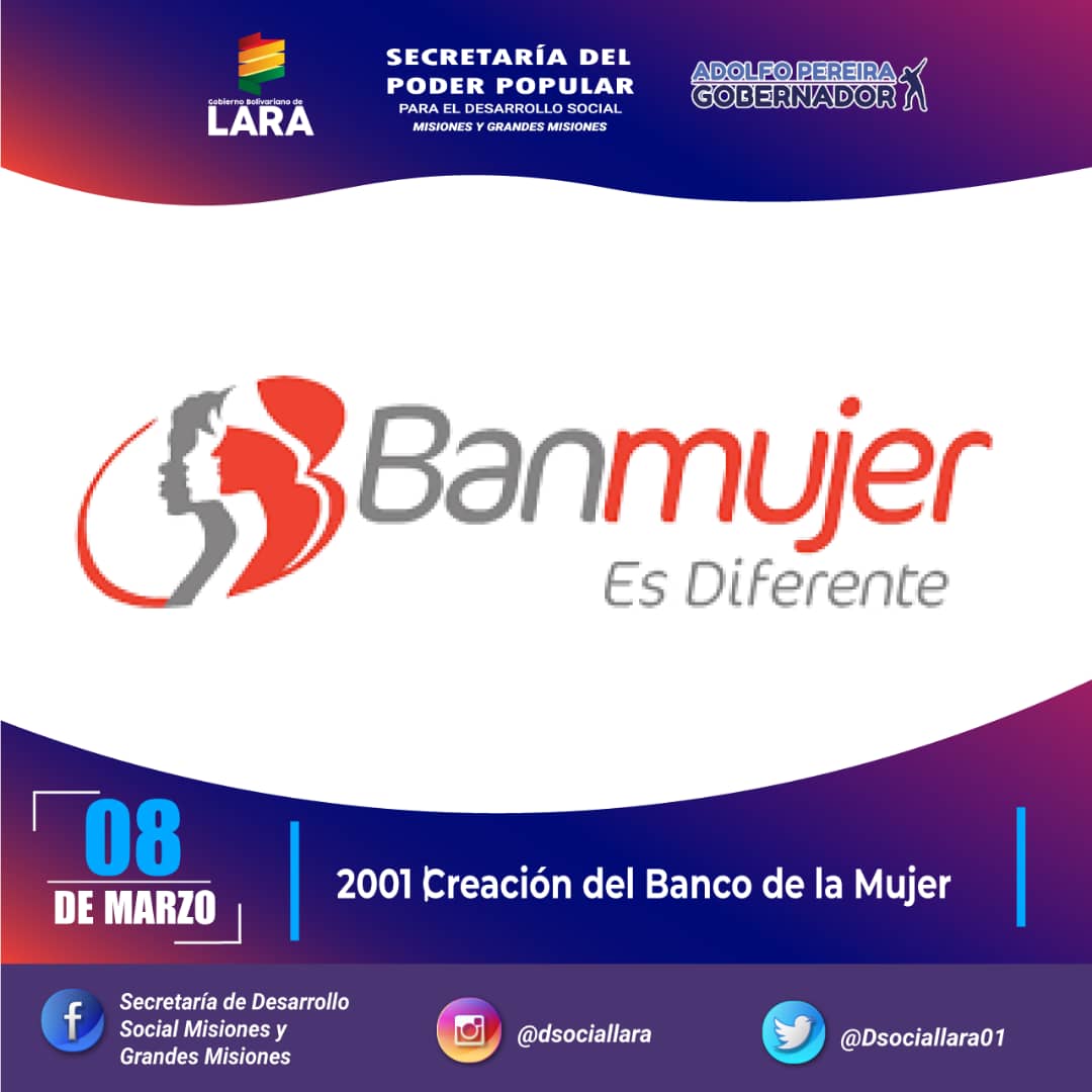 #8Mar 🅔🅕🅔🅜🅔́🅡🅘🅓🅔🅢 🅓🅔🅛 🅓🅘́🅐

🚺 Creación del Banco de la Mujer (2001)

#ChávezFeminista

<a href="/MinTrabajoVE/">Ministerio del PP para el Proceso Socia de Trabajo</a> 
<a href="/AdolfoP_Oficial/">Adolfo Pereira Gobernador</a> 
<a href="/SomosV_StaRosa/">SomosV_Insurgente</a>
