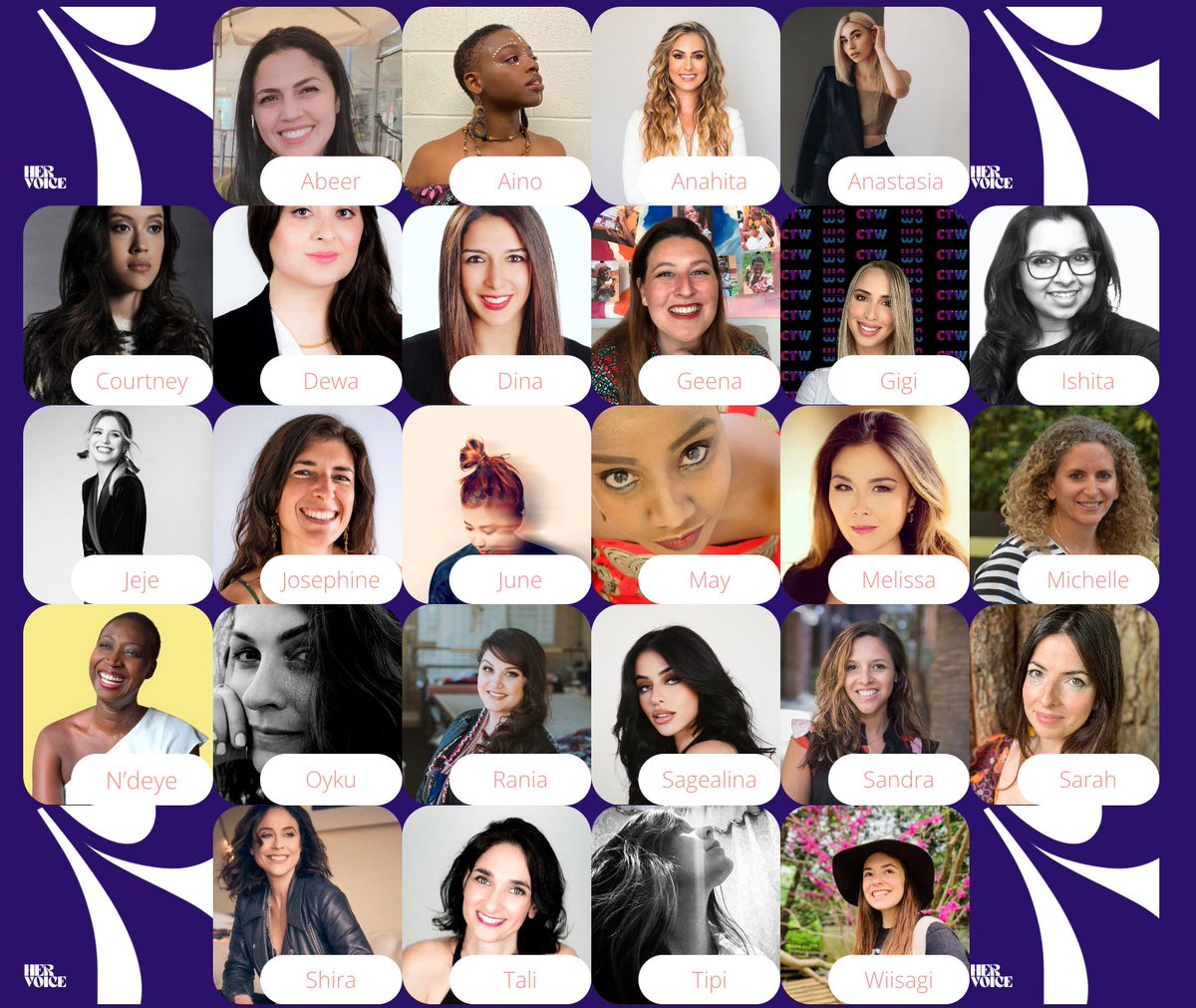 🧵Happy #IWD2023! It gives us great pleasure to reveal all 26 featured voices of <a href="/HerVoiceNFT/">HerVoice - Minting now!</a>. On 3/15, we're dropping five unique digital collectibles—each one  showcasing a multilingual performance of poetry, dance and AI generative art.