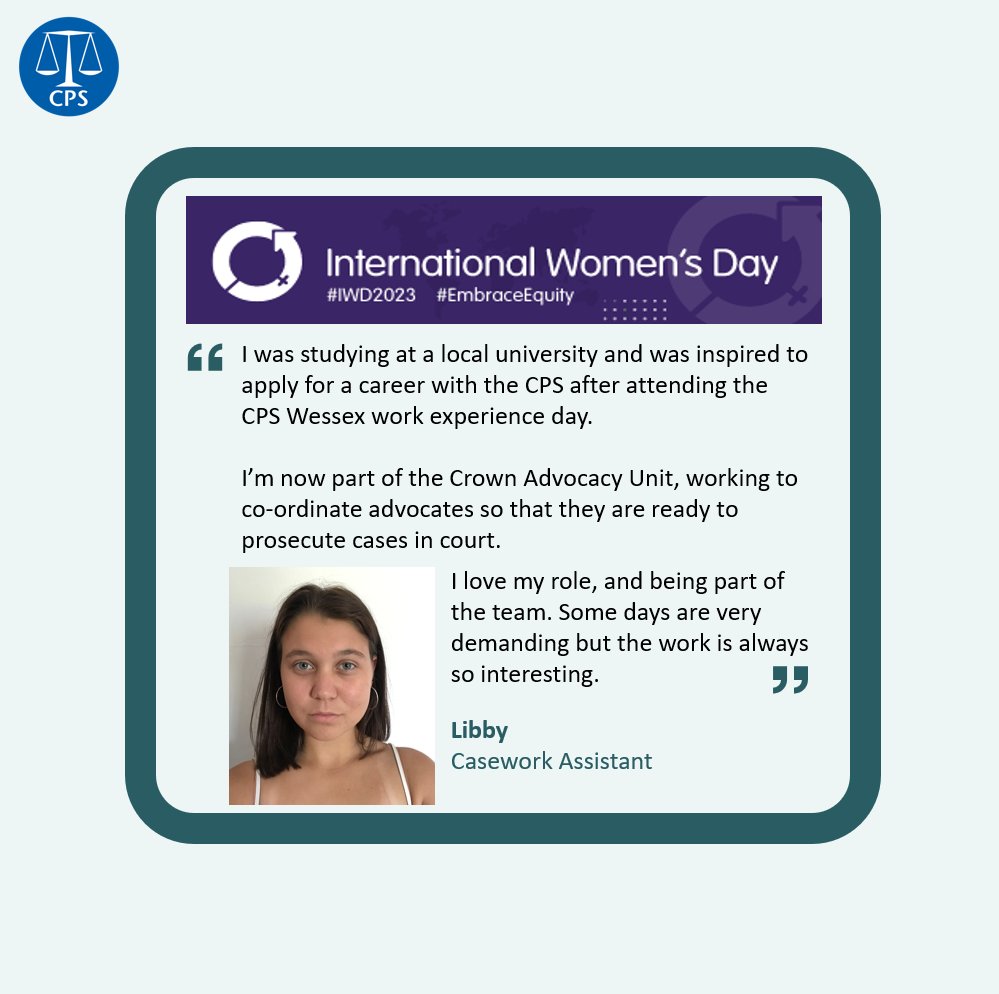 CPSWessex's tweet photo. Libby, was inspired to apply for a job after attending one of our work experience days.

You can find out more about upcoming work experience and mini-pupillage opportunities in our newsletters.

Sign up to read the latest news from CPS Wessex: https://t.co/m6btNr7lzs

#IWD2023 https://t.co/SS0KkXdaHs