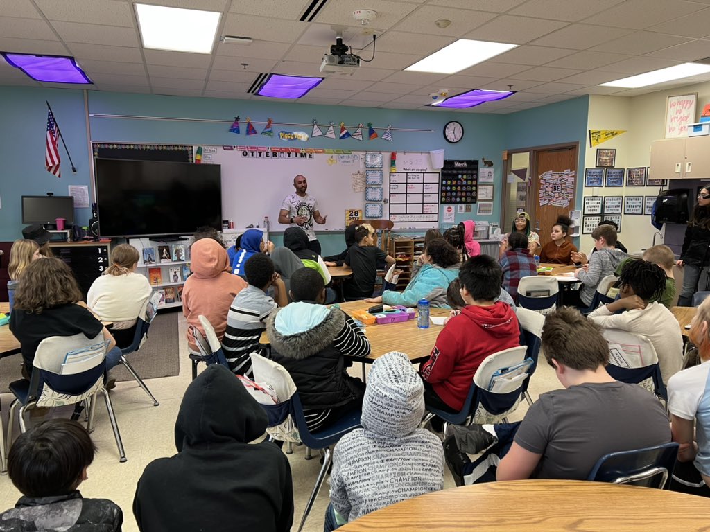 DietrichGrade5's tweet photo. @JaeHavoc made his yearly visit to our classroom! This year we packed the room with all three sections so they could all hear his message. He connected their learning of figurative language and poetry to his work of writing and rapping. @RiversideOtters https://t.co/5BX42AXu8X