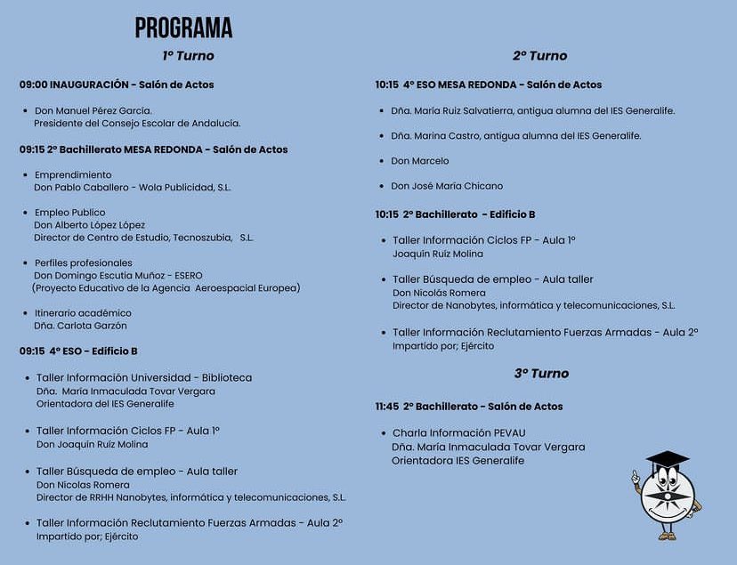 Por aquí os dejamos el programa de las actividades que se van a realizar mañana en la I Feria de Orientación Académica y Profesional. #feria