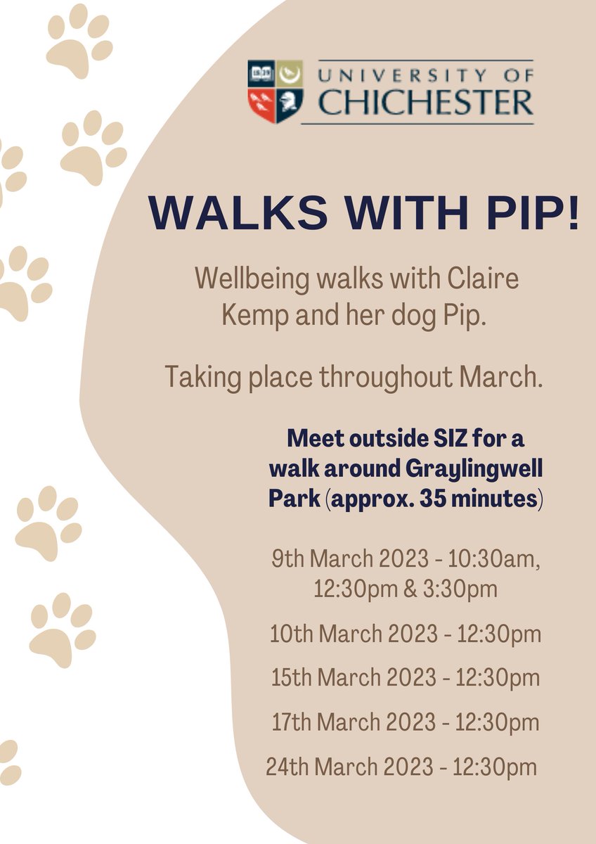 Tomorrow is #UniMentalHealthDay and the first day of our 'Wellbeing Walks' with the amazing Claire and Pip at @chiuni  🐕

Great opportunity to get outside, meet others & connect with nature. Please RT - students and staff welcome! #MentalHealthMatters