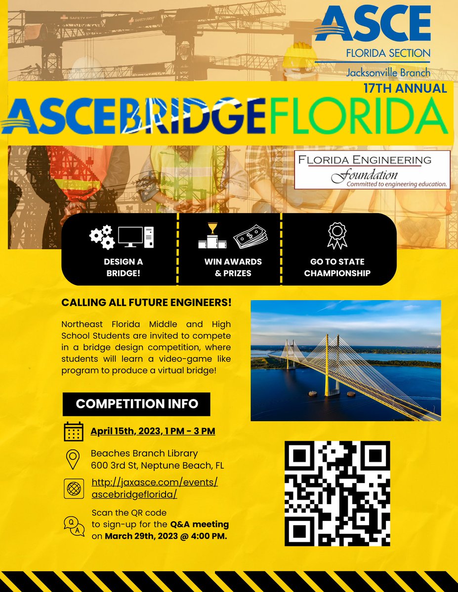 Calling all Duval county middle and high school students! 

Design a bridge, compete, win prizes! 

Q&amp;A Session March 29 + Contest on April 15 at the Beaches Library! #STEM #ASCE #MATH #science 

<a href="/DcpsMath/">DCPS Math</a>   <a href="/DuvalSchools/">DCPS</a> <a href="/DuvalSchoolsCTE/">DCPS Career&Tech Ed</a> <a href="/duvalschool/">Duval School News</a>

jaxasce.com/events/ascebri…