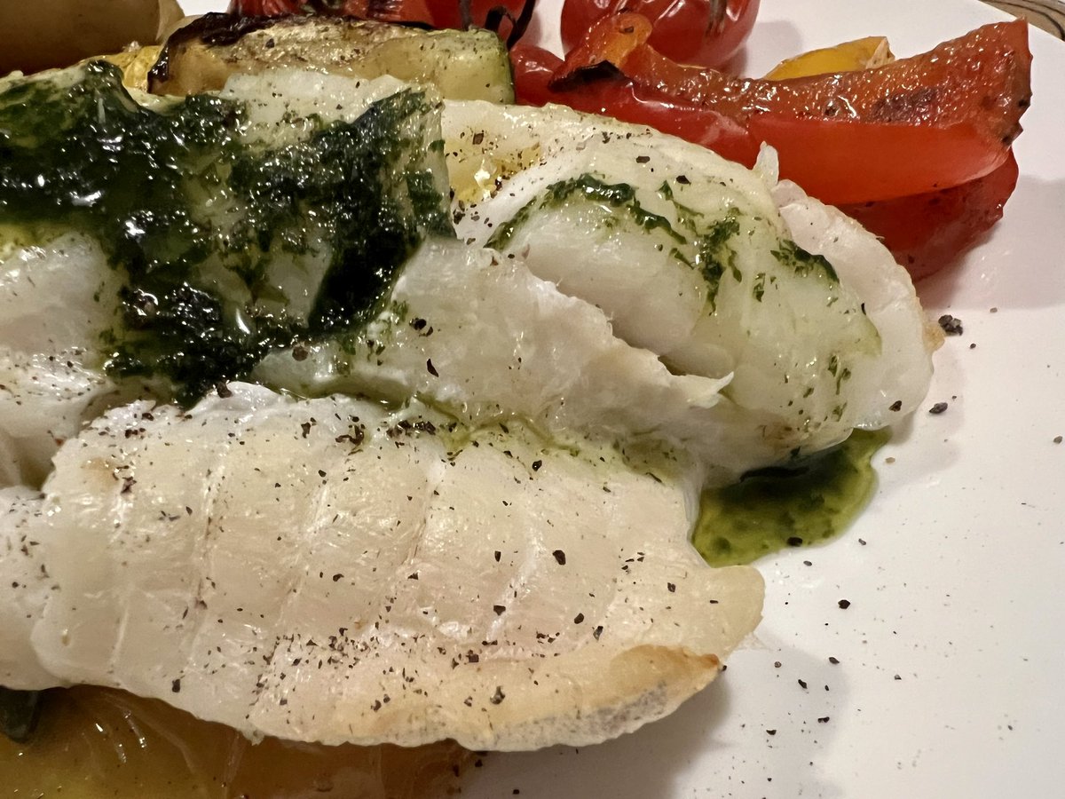 CVlattas's tweet photo. Oven baked Atlantic cod on bell peppers, courgettes, cherry tomatoes and basil "athinelia” oil, steamed baby potatoes
.
3/ Plated.
.
#cook_bots #dublin #easyWednesday https://t.co/LaYp2dFFwR