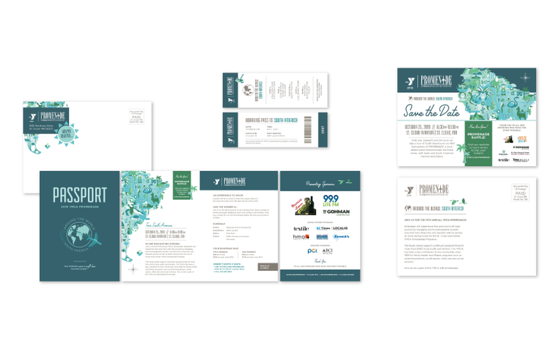 We ❤️ traveling, so creating these event invitations, tickets + save the date postcards for the 2019 St. Cloud YMCA Promenade event was a treat for our #team! ✈️ #marketing #branding