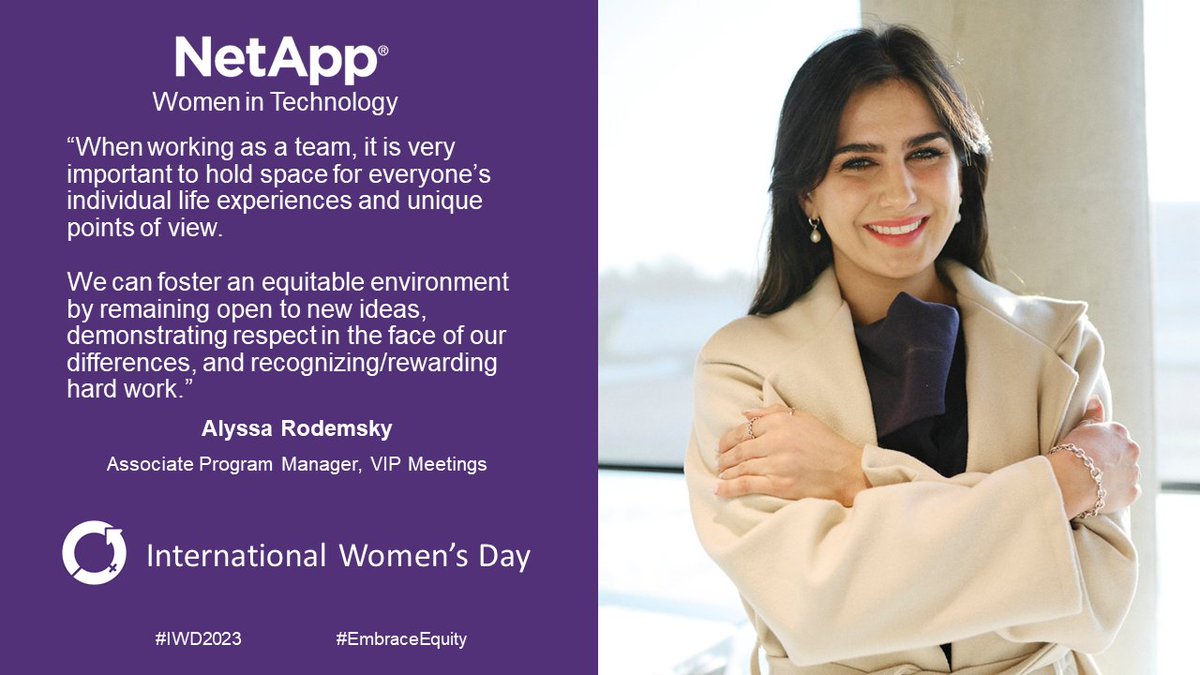 LifeAtNetApp's tweet photo. Happy #InternationalWomensDay!

The International Women's Day 2023 #EmbraceEquity campaign seeks to get the world talking about why equal opportunities are no longer enough. Here's what this year's theme means to @NetApp employees.

#LifeAtNetApp #IWD2023 @womensday @NetAppWIT https://t.co/kDPmmdYuI5